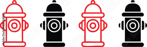 Fire Hydrant Icon Set: Solid and Outline in Black and Red, Vector Graphic of Four Industrial Fire Hydrants, Emergency Service Iconography: Hydrant Collection, Fire Hydrant Icons, Black and Red Hydrant