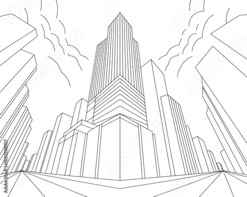 Geometric cityscape with tall buildings and clouds in linear perspective
