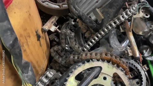 Motorcycle Scrap Parts with Chains, Pedals, and Metal Components in Workshop Pile