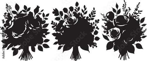 Black floral bouquet silhouette vector illustration - roses and leaves design eps