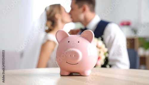 Fototapeta Naklejka Na Ścianę i Meble -  Piggy bank sits on a table with a kissing couple behind it, hinting at financial planning for their future