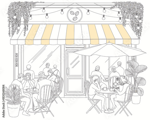 Sketch of people enjoying coffee outside a charming cafe with outdoor seating