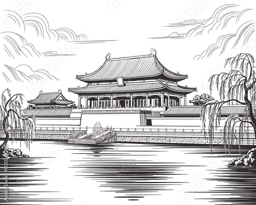 Traditional chinese palace architecture by a serene lake with willow trees