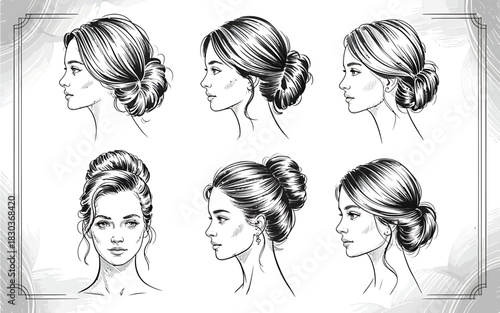 Collection of elegant hairstyles for women illustrated in black and white