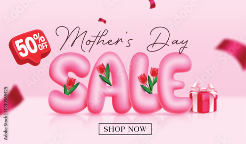 Mother's day sale clipart banner design. Mother's day inflatable balloon sale text for holiday special shopping discount clip art with rose flower promo advertisement banner card template vector 