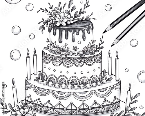 Hand drawn black and white three tier birthday cake with candles and flowers
