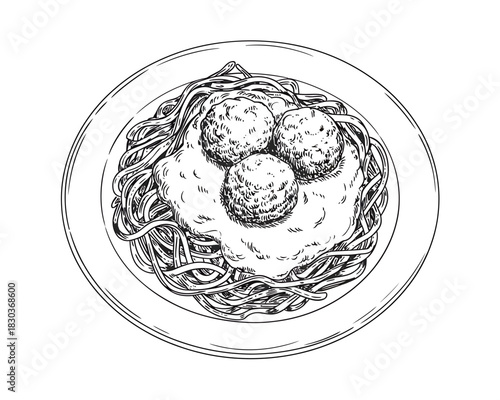 Hand drawn illustration of spaghetti and meatballs on a plate