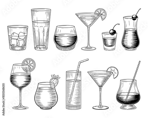 Collection of hand drawn alcoholic and non alcoholic drinks in various glasses