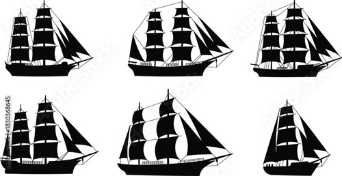Sailing ship silhouette icon set, multi-mast vessel collection, nautical graphic elements, black white vector, cad drawing flat vector illustration