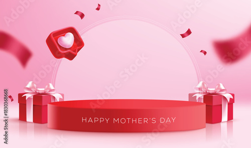 Mother's day red podium clipart template design. Mother's day greeting in red podium banner sale clip art with gift box elements in simple empty space background template for holiday product 