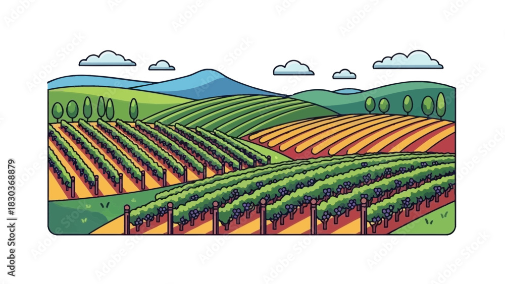 Naklejka premium Charming vineyard illustration featuring rolling hills, lush grape vines, and sunny skies, perfect for wine tourism brochures and agricultural promotions