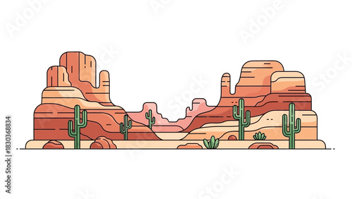 Explore the vibrant desert landscape with towering rock formations and iconic cacti, perfect for travel blogs, nature presentations, and southwestern themed design