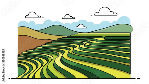 Scenic rice terraces cascade down rolling hills under a serene sky, a peaceful landscape capturing the beauty of agricultural artistry and natural harmony