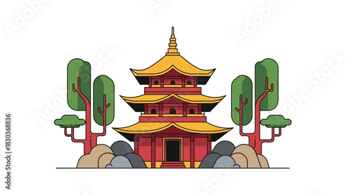 Stunning stylized pagoda design, a modern take on traditional Asian architecture, perfect for travel blogs and cultural projects, vector art