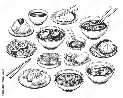 Hand drawn collection of asian food dishes and ingredients