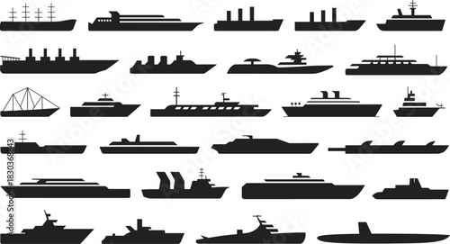 Ship and boat silhouette set, maritime vessel icon collection, naval transport types, black white vector, cad drawing flat vector illustration