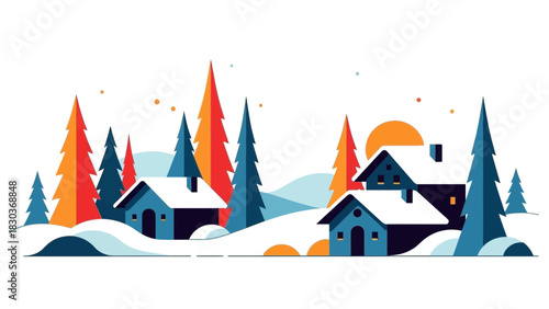 Charming winter village scene with snow-covered houses and vibrant trees, perfect for holiday greetings and festive designs, a classic winter wonderland