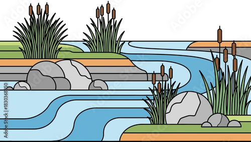 Serene river landscape scene with reeds and rocks, perfect for nature lovers and outdoor enthusiasts, peaceful and calming, originally created as vector art