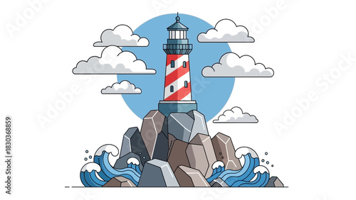 Striking lighthouse illustration evoking coastal charm, guiding ships safely with ocean waves, set against a backdrop of sky and clouds, serene and peaceful