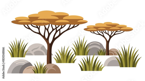 Savanna landscape with flat style trees and rocks, evoking a tranquil and serene African environment perfect for educational materials or travel designs