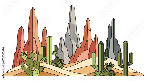 Stunning desert landscape illustration with cacti and rocky mountains, perfect for travel blogs, nature designs, and southwestern-themed projects