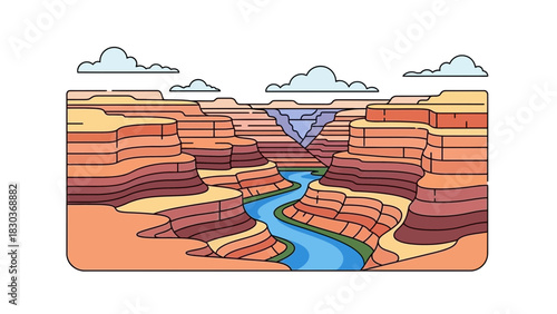 Stunning stylized Grand Canyon landscape with winding river and layered rock formations, perfect for travel blogs, nature posters, or educational materials