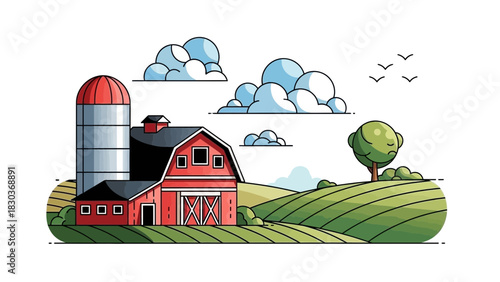 Charming countryside farm scene with red barn, rolling green hills, and puffy clouds, evokes peaceful rural living and agricultural heritage, perfect for branding