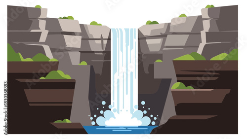 Tranquil waterfall cascading down rugged cliffs, a serene nature scene perfect for meditation, travel, or environmental awareness campaigns