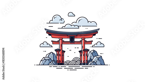 Stunning minimalist depiction of a vibrant Japanese Torii gate with clouds, inviting serenity and cultural exploration in a modern, artistic style