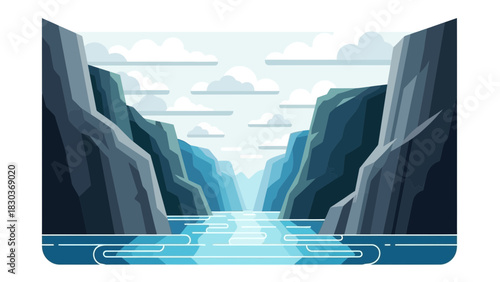 Majestic canyon river journey, stunning mountain landscape graphic, peaceful nature scene, adventure travel destination, serene water reflection, quiet getaway spot