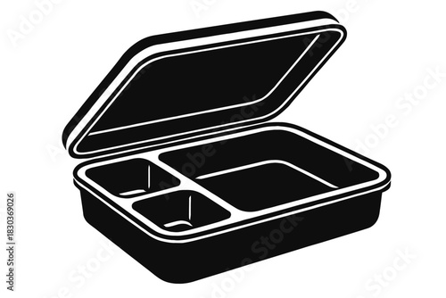 Premium Black Silhouette Icon: Versatile Open Divided Lunch Box with Multiple Compartments, Ideal for Meal Prep, School, Office, and Portable Food Storage, Reusable Bento Style Container for Healthy