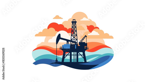 Oil rig platform drilling petroleum offshore in colorful ocean landscape, symbolizing energy industry, resource extraction, and global energy production
