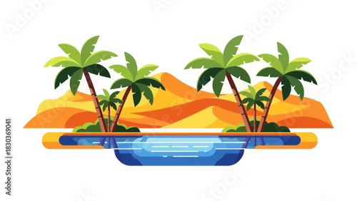 Dreamy desert oasis with sparkling water and tall palm trees, perfect for travel blogs, summer promotions, and vacation inspiration