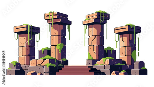 Explore ancient ruins overgrown with vibrant moss, perfect for fantasy game design, storytelling, or historical recreations in stunning detail