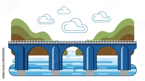 Stunning blue arched viaduct over tranquil water, flanked by lush green hills and dreamy clouds, a picturesque landscape ideal for travel brochures