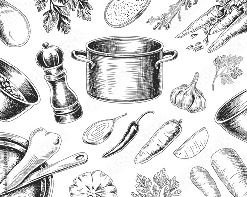 Hand drawn kitchen utensils and fresh ingredients for cooking