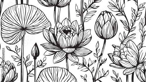 Black and white lotus flower vector art: floral seamless pattern eps silhouette
