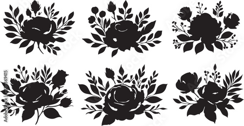 Black floral vector set: rose flower silhouettes, leaves and buds for design eps