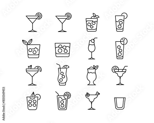 Collection of outline icons representing various cocktails and drinks