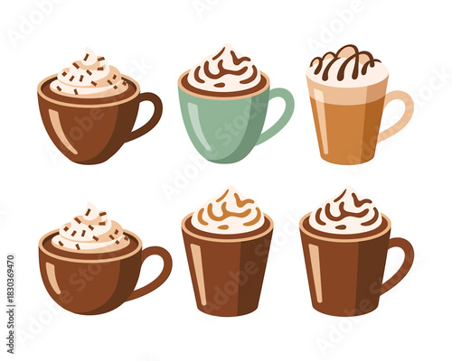 Collection of six delicious hot drinks with whipped cream and toppings