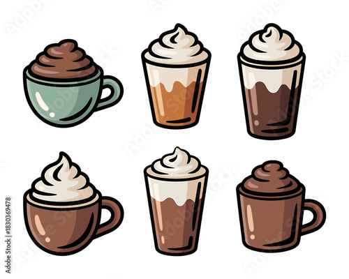 Collection of six delicious coffee drinks with whipped cream and chocolate