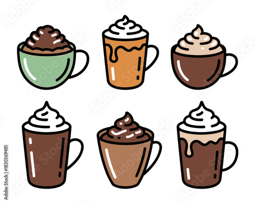 Collection of six stylized hot drinks with whipped cream