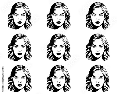 Stylized black and white portrait of a woman repeated in a grid pattern
