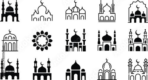 Collection of black and white mosque icons representing islamic architecture and culture perfect for ramadan eid and general religious themes