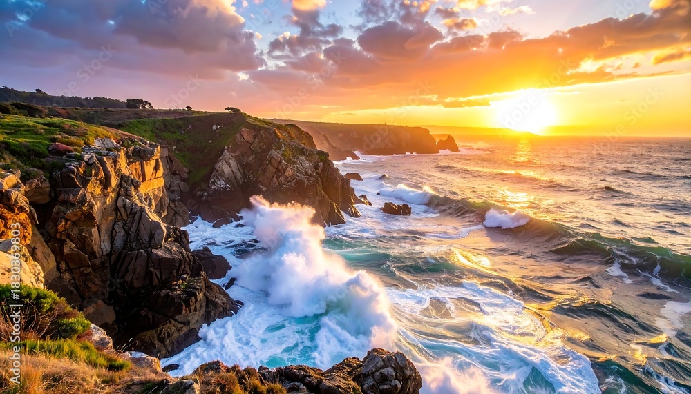 Fototapeta premium Rocky coastline with crashing waves and vibrant sunset over the ocean