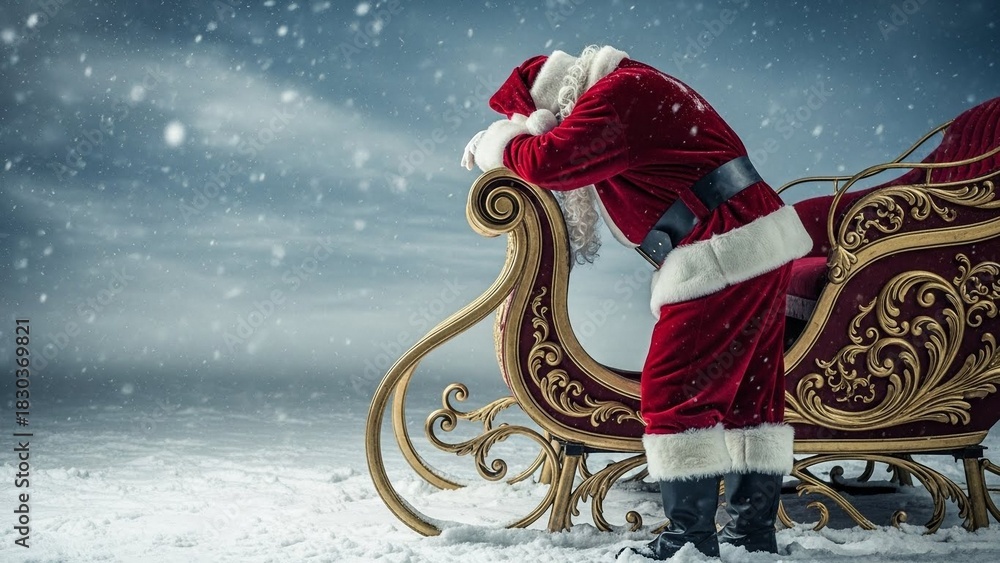 Fototapeta premium Santa Claus resting on sleigh in snowy winter landscape, capturing festive holiday spirit