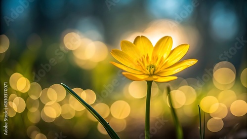 Fototapeta Naklejka Na Ścianę i Meble -  Closeup of a vibrant yellow lesser celandine flower blooming in a sunny meadow with beautiful golden bokeh background light