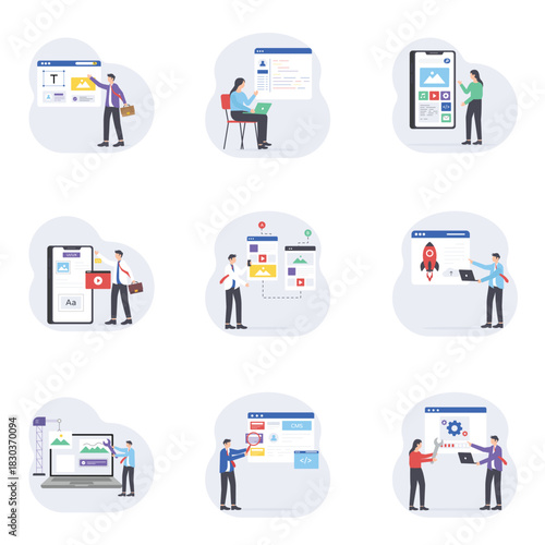 Designing and Web Development Flat Vector Illustration set 1