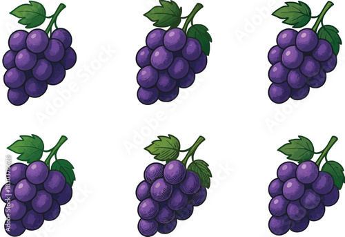 Six bunches of ripe purple grapes with green leaves on white background