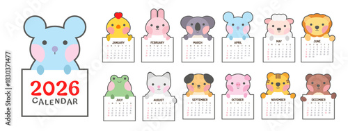 2026 cute animal calendar template. Monthly planner for kids with week start on Sunday